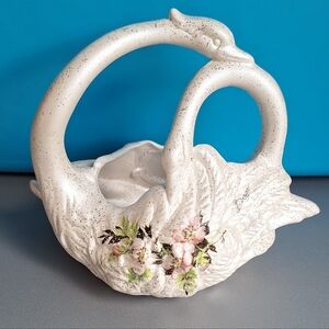 Vintage Berger Porcelain Rhinestone White Hugging  Swans Planter Made in Italy.